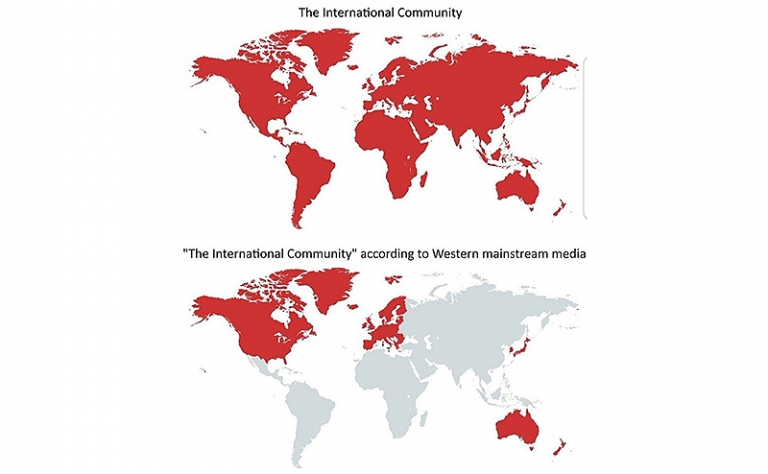 На фото: Карта сверху - международного сообщества. Карты снизу - международное сообщество с точки зрения западных общепринятых представлений.