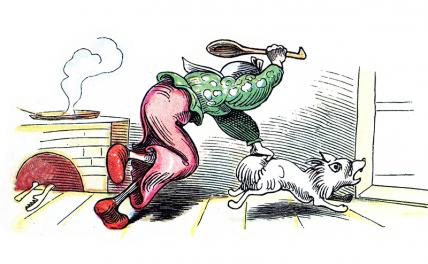 На фото: книжная иллюстрация, вдова Болте бьет своего пса Шпица из-за цыплят, Макс и Мориц, «История семи мальчишеских шалостей», Генрих Кристиан Вильгельм Буш, 1865 г.