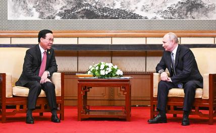 На фото: президент РФ Владимир Путин и президент Вьетнама Во Ван Тхыонг (справа налево) во время встречи в резиденции "Дяоюйтай".