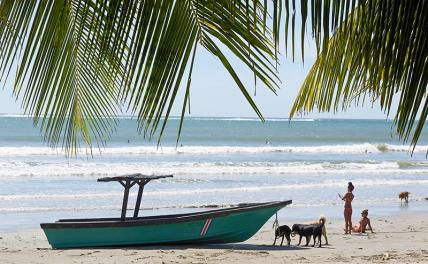 На фото: костариканские женщины и собаки на пляже, Плайя Самара, полуостров Никойя, Коста-Рика, Центральная Америка