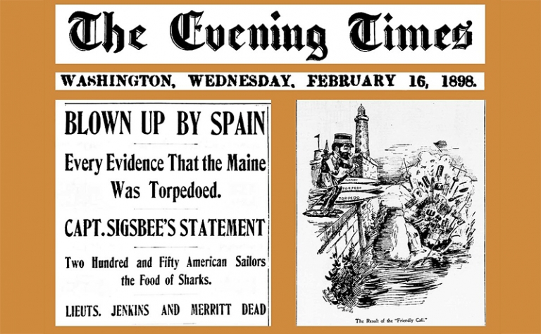 На фото: заголовок и изображение газеты ( The Evening Times , Вашингтон, округ Колумбия, США, 16 февраля 1898 года) сообщают о затоплении военного корабля США «Мэн» , что привело к испано-американской войне.