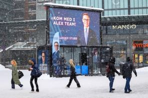 На фото: павильон избирательной кампании кандидата в президенты Александра Стубба, 21 января 2024 года, Хельсинки, Финляндия
