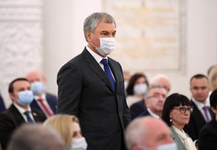 На фото: спикер Госдумы РФ Вячеслав Володин в Большом Кремлевском дворце во время встречи президента России Владимира Путина с депутатами Госдумы РФ в связи с окончанием работы седьмого созыва.