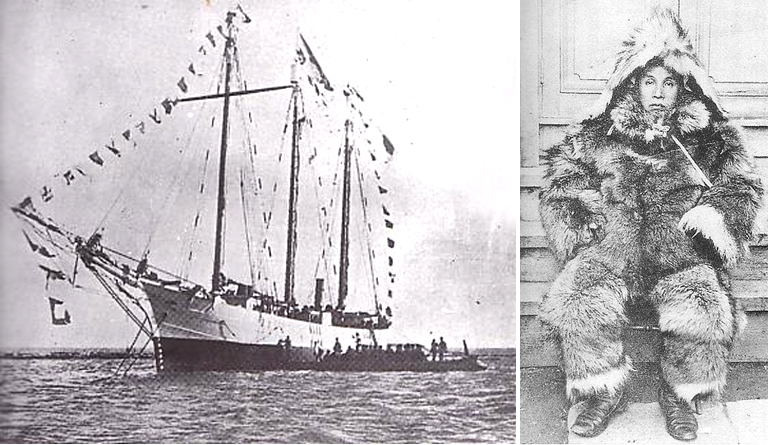 На фото: экспедиционное судно «Кайнан-мару» и начальник экспедиции Сирасэ Нобу в полярной одежде