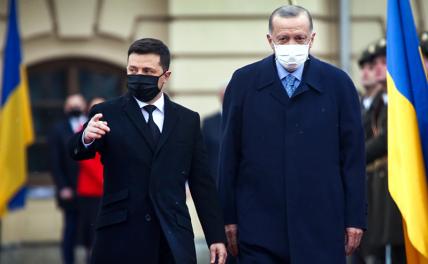 На фото: президент Украины Владимир Зеленский и президент Турции Тайип Эрдоган (слева направо) во время церемонии официальной встречи у Мариинского дворца в Киеве