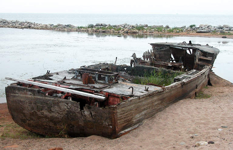 Остатки морского корабля (возможно, радиоактивные) на острове Коневец. Август 2006 г. Через два года остатков уже не было.
