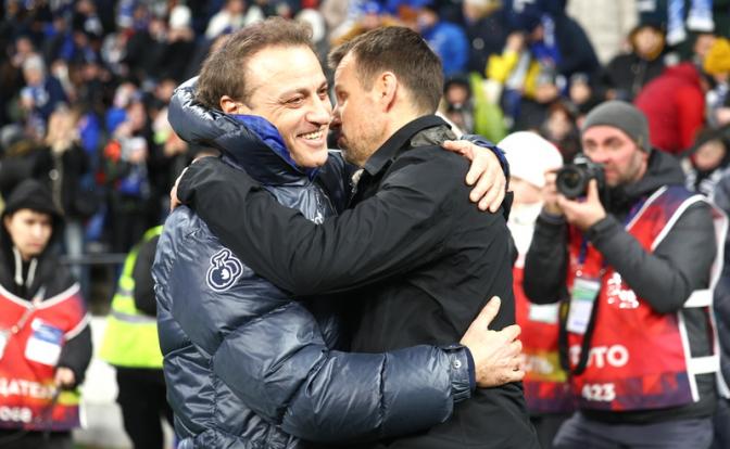 Кубок России по футболу. "Динамо" (Москва) - "Зенит" (Санкт-Петербург). И.о. главного тренера “Динамо” Ролан Гусев и главный тренер “Зенита” Сергей Семак (на фото слева направо) во время матча.