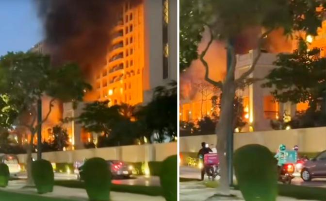 На фото: в Дубае отель Fairmont вспыхнул пламенем.