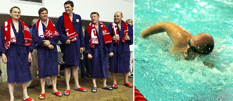 На фото: руководитель аппарата правительства РФ Сергей Нарышкин, почетный президент Всероссийской федерации плавания Геннадий Алешин, олимпийский чемпион по плаванию Александр Попов, министр сельского хозяйства РФ Алексей Гордеев, руководитель Федерального агентства кадастра объектов недвижимости Михаил Мишустин (слева направо) после показательного заплыва на открытии чемпионата России по плаванию, который стартовал в СК &laquo;Олимпийский&raquo;. 2006 год