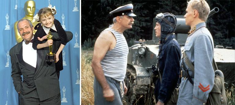 Никита Михалков и его дочь Надя с премией «Оскар» за фильм «Утомленные солнцем» и кадр из фильма (фото справа)