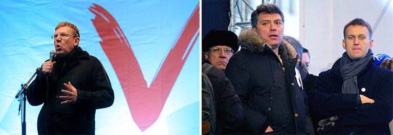 Бывший министр финансов РФ Алексей Кудрин на митинге оппозиции "За честные выборы" на проспекте Сахарова, 2011 год; Бывший министр финансов России Алексей Кудрин, лидеры оппозиции Борис Немцов и Алексей Навальный на митинге в знак протеста против предполагаемых фальсификаций на парламентских выборах в России, 2015 год 
