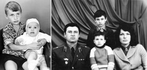 Виталий держит на руках брата Владимира (фото слева); Владимир Кличко с женой и сыновьями – Виталием и Владимиром (фото справа)