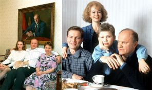 Геннадий Зюганов с женой Надеждой и дочерью Татьяной, 1994 год (фото слева); с сыном Андреем (слева), его женой Татьяной и внуком Леонидом, 2000 год