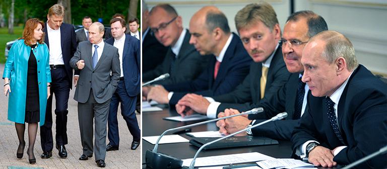 Пресс-секретарь главы правительства РФ Наталья Тимакова, заместитель руководителя администрации президента РФ, пресс-секретарь президента РФ Дмитрий Песков и президент России Владимир Путин (слева направо) во время неформального общения с членами правительства и чиновниками кремлевской администрации в замке "Майендорф" в Барвихе, 2012 года (фото слева); президент России Владимир Путин (справа) во время российско-белорусских переговоров в расширенном составе. Слева направо - генеральный директор Государственной корпорации по атомной энергии "Росатом" Сергей Кириенко, министр финансов РФ Антон Силуанов, пресс-секретарь президента РФ Дмитрий Песков и глава МИД РФ Сергей Лавров (фото справа)