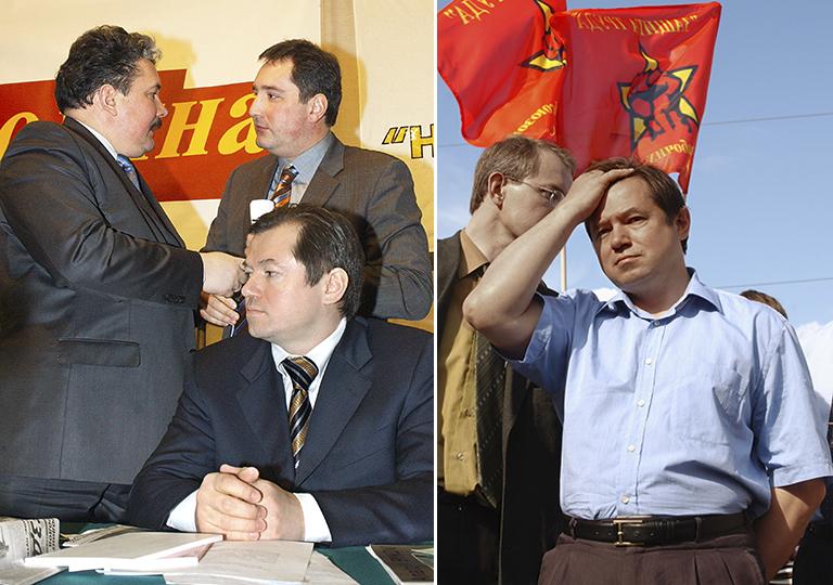 Лидер блока "Родина" Сергей Глазьев (на первом плане), лидер партии "Народная воля" Сергей Бабурин и сопредседатель блока "Родина" Дмитрий Рогозин (на втором плане), 2004 год; Депутат Госдумы Сергей Глазьев во время митинга против отмены льгот и социальных гарантий, который прошел на Пушкинской площади