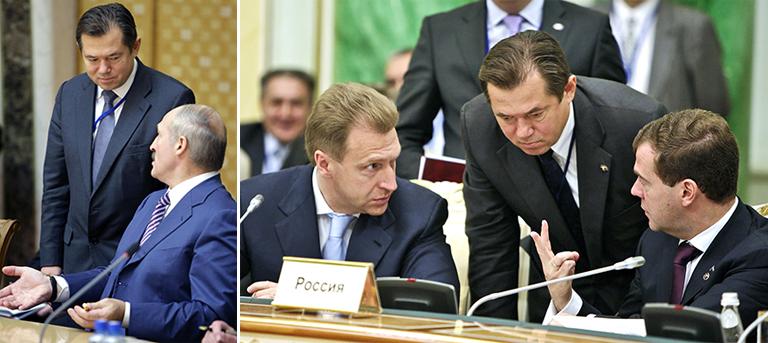 Президент Белоруссии Александр Лукашенко (справа) и секретарь таможенной комиссии Таможенного союза Беларуси, Казахстана и России Сергей Глазьев (слева), 2009 год; президент РФ Дмитрий Медведев, ответственный секретарь Комиссии таможенного союза Сергей Глазьев и первый заместитель председателя правительства РФ Игорь Шувалов (справа налево) во время заседания Межгосударственного совета Евразийского экономического сообщества на уровне глав государств в расширенном составе, 2010 год