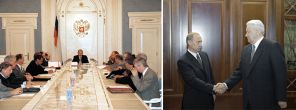 Совет безопасности России под председательством исполняющего обязанности председателя правительства РФ Владимира Путина, 1999 год; Президент России Борис Ельцин (справа) и исполняющий обязанности главы правительства Владимир Путин (слева) во время встречи в Кремле