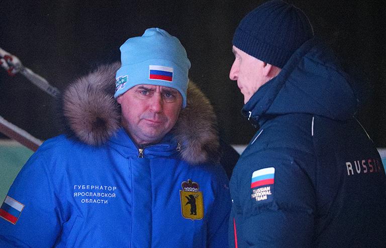 На фото: губернатор Ярославской области Дмитрий Миронов и министр спорта РФ Олег Матыцин (слева направо) на этапе Кубка мира FIS по фристайлу на базе спортивно-оздоровительного комплекса "Подолино"