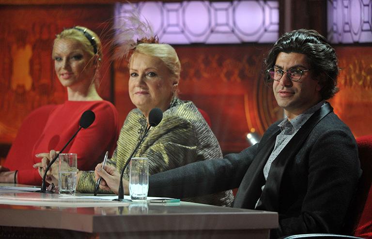 На фото: 7-й сезон телепроекта "Танцы со звездами" на канале "Россия". Члены жюри артистка балета Анастасия Волочкова, тренер по фигурному катанию Елена Чайковская, артист балета Николай Цискаридзе, 2012