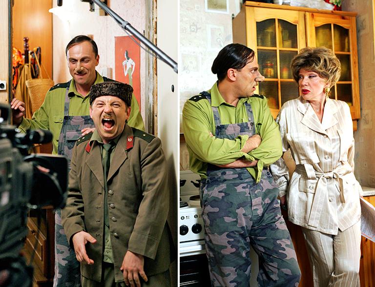 Актеры Андрей Федорцов, исполняющий роль прапорщика Прихотько, Дмитрий Нагиев в роли Прапорщика Задова и и народная артистка СССР Людмила Гурченко (соседка Антонина Максимовна) на съемках комедийного сериала "Осторожно, Задов! или Похождения прапорщика", 2005 год