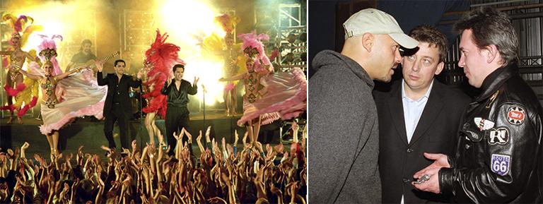 Режиссер-постановщик Федор Бондарчук (на снимке слева), президент продюсерской компании "Центум" Дмитрий Галкин (в центре) и продюсер Сергей Баранов (справа) во время обсуждения рабочих моментов съемки клипа на песню цыганской музыкальной группы "Штар". Съемка прошла вчера в одном из съемочных павильонов "Теледома", 2002 год