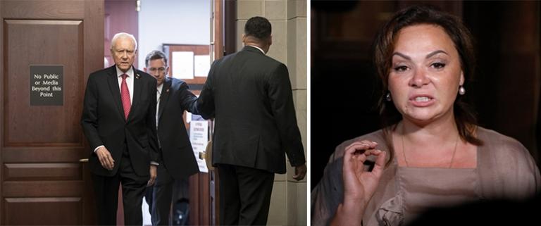 На фото (слева направо): сенатор Оррин Хэтч, республиканец от штата Юта, временно исполняющий обязанности председателя Сената, прибыл в безопасную зону, пока Дональд Трамп-младший за закрытыми дверями дает интервью сотрудникам юридического комитета Сената, расследующим возможное вмешательства и возможной связи России с президентской кампанией президента Дональда Трампа 2016 года, в Капитолии в Вашингтоне. Хэтч являлся старшим членом юридического комитета; юрист Наталья Весельницкая. 2017 год. 