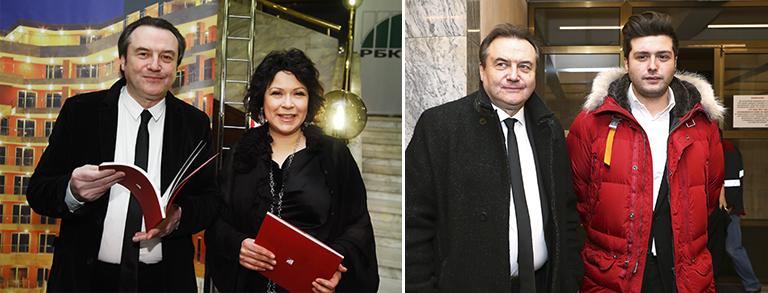 Режиссер Алексей Учитель, ставший лауреатом ежегодной международной премии "Персона года-2010" в номинации "За вклад в развитие отечественного кинематографа", и его супруга продюсер Кира Саксаганская (на фото слева); Алексей Учитель с сыном Ильей (на фото справа)