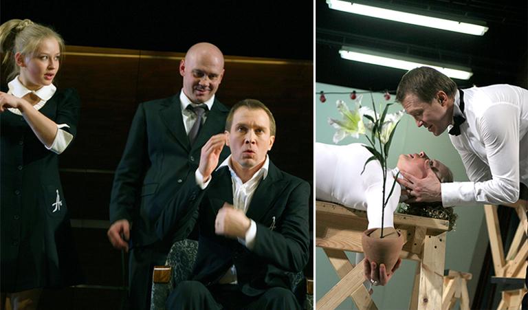 На фото: сцена из спектакля «Фигаро. События одного дня». Режиссер К. Серебренников В картине: актеры Евгений Миронов, Юлия Пересильд, Елена Моросова и Виталий Хаев, 2006 год