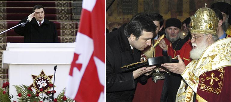 На фото: церемония инаугурации Михаила Саакашвили. Новый президент Грузии получает благословение от Католикоса ї Патриарха Всея Грузии Илии Второго (слева направо). Торжественная церемония инаугурации нового президента Грузии, 2004 год