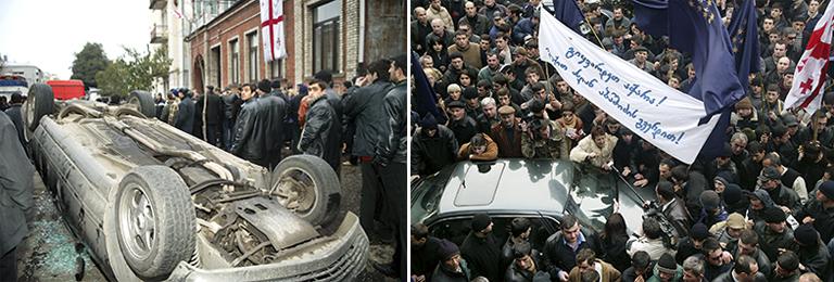 На снимке: массовые столкновения между сторонниками Аслана Абашидзе и Михаила Саакашвили произошли в Батуми, Аджария, 2004 год