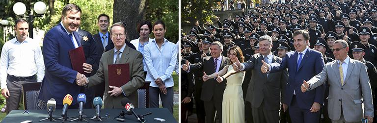 Губернатор Одесской области Михаил Саакашвили и помощник госсекретаря США Уильям Браунфилд на церемонии подписания меморандума о сотрудничестве в резиденции губернатора. Справа на втором плане - заместитель главы Одесской областной администрации Мария Гайдар (на фото слева); министр внутренних дел Украины Арсен Аваков, первый заместитель министра внутренних дел Украины Эка Згуладзе, президент Украины Петр Порошенко и губернатор Одесской области Михаил Саакашвили во время церемонии принесения присяги сотрудниками патрульной полиции, 2015 год